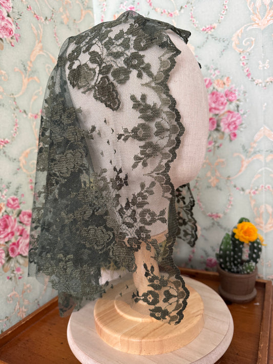 Green Olive Mantilla • Perfect for Ordinary Time or Christmas • Lace with Clip • 22" x 29"