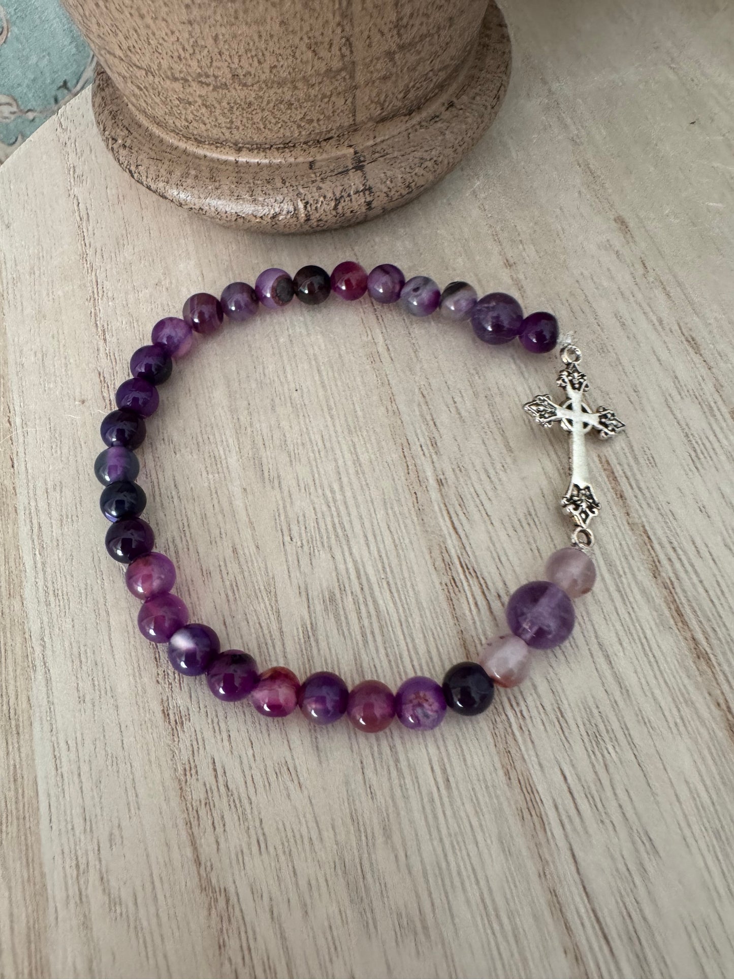 Purple Beaded Stretch Bracelet with Silver Cross – 8 Inches