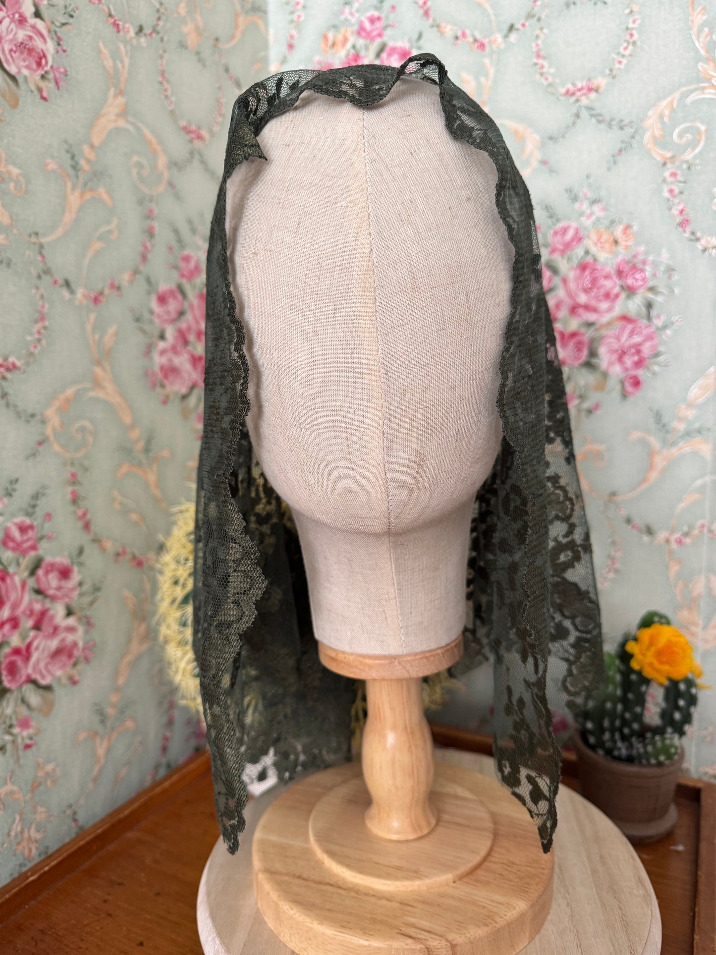 Green Olive Mantilla • Perfect for Ordinary Time or Christmas • Lace with Clip • 22" x 29"