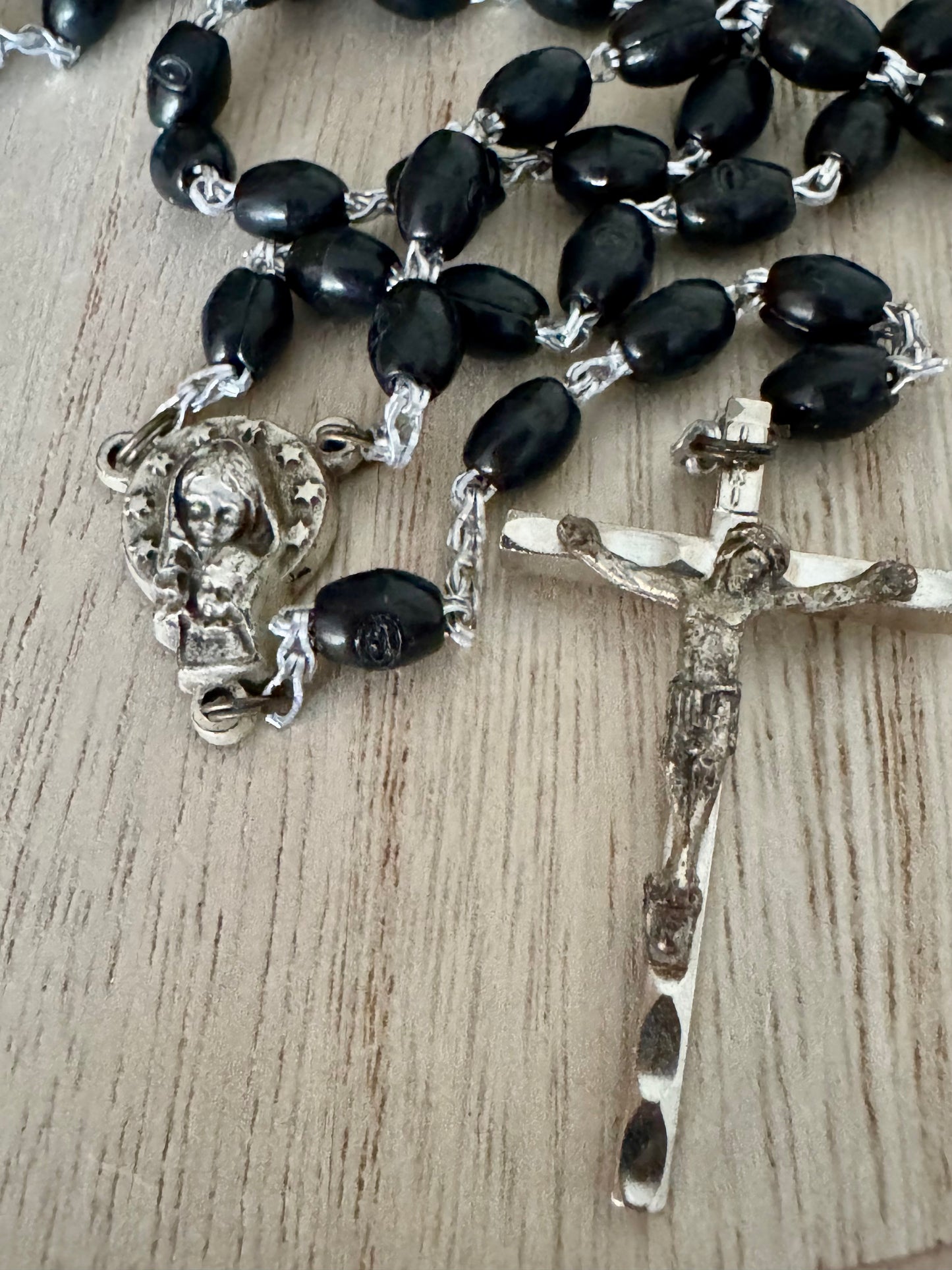 Vintage Black and Silver Rosary – Made in Italy – 17.5 Inches