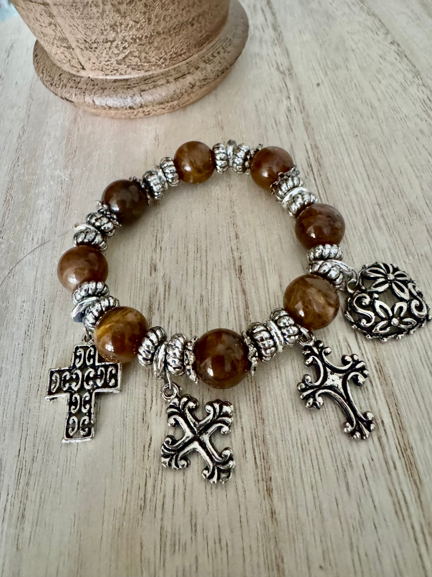 Auburn 10mm Beaded Stretch Bracelet with Silver Accents & Cross Charms