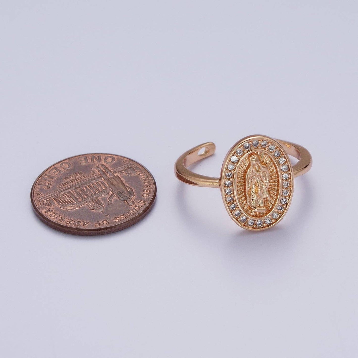 Micro Paved CZ 18K Gold Religious Oval Lady Guadalupe Adjustable
