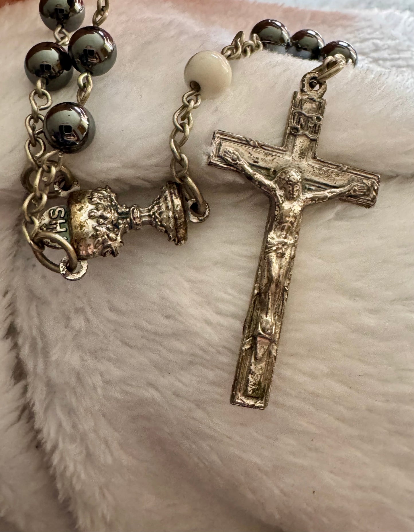 Shortened Rosary, Five Hail Mary Beads, with Vintage Centerpiece and Crucifix