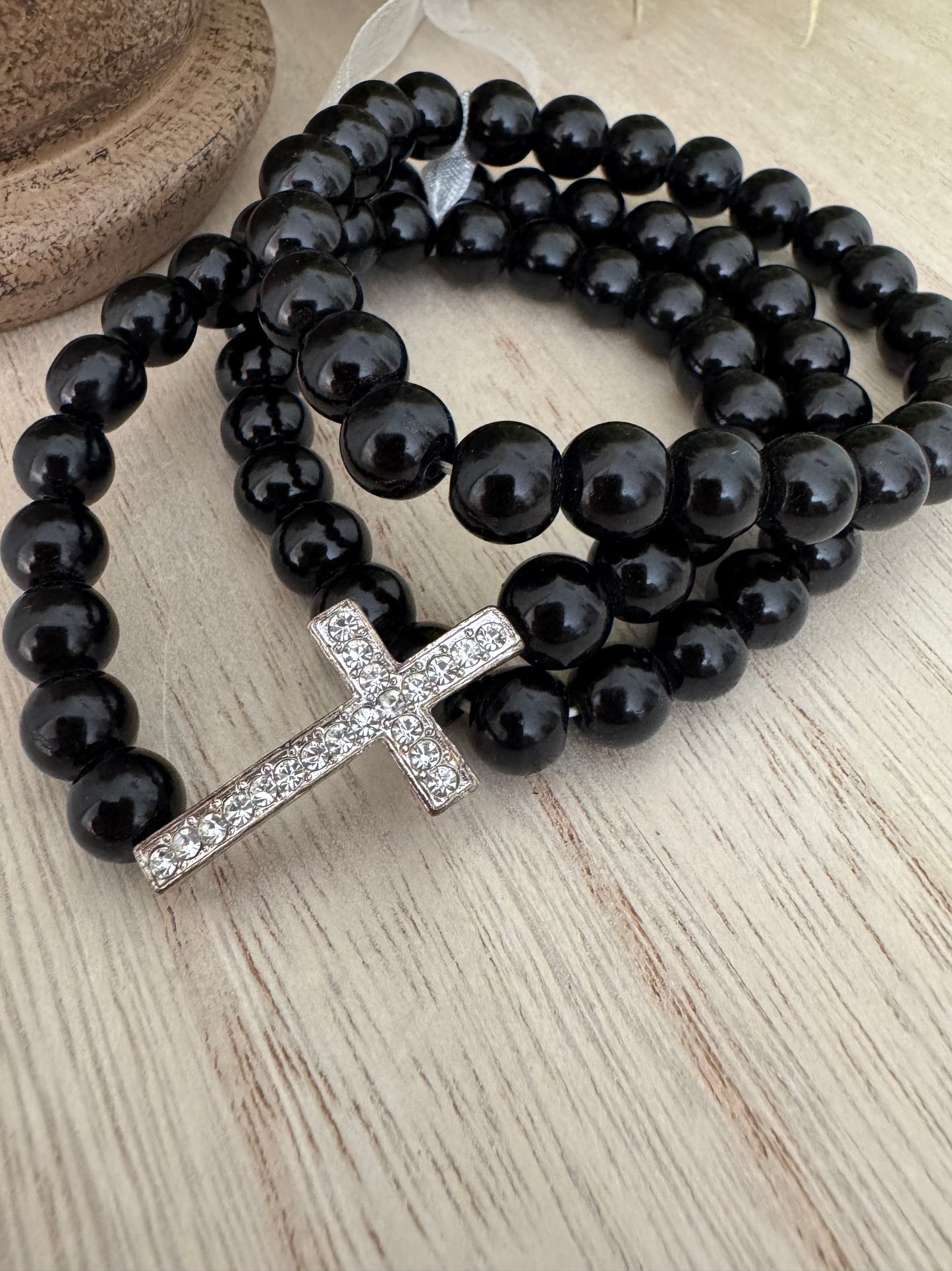 Black Stretch Bead Bracelet with Rhinestone Cross