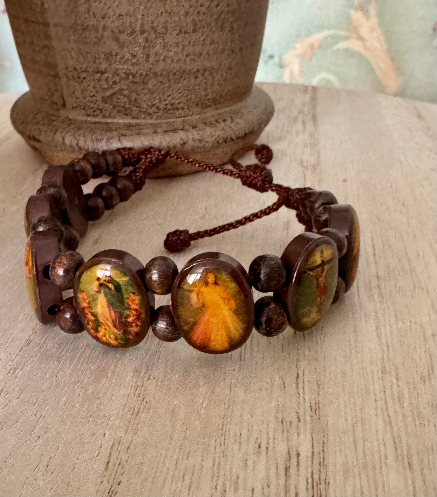Adjustable Brown Holy Images Bracelet – Plastic & Wood Beads, Vintage Tone