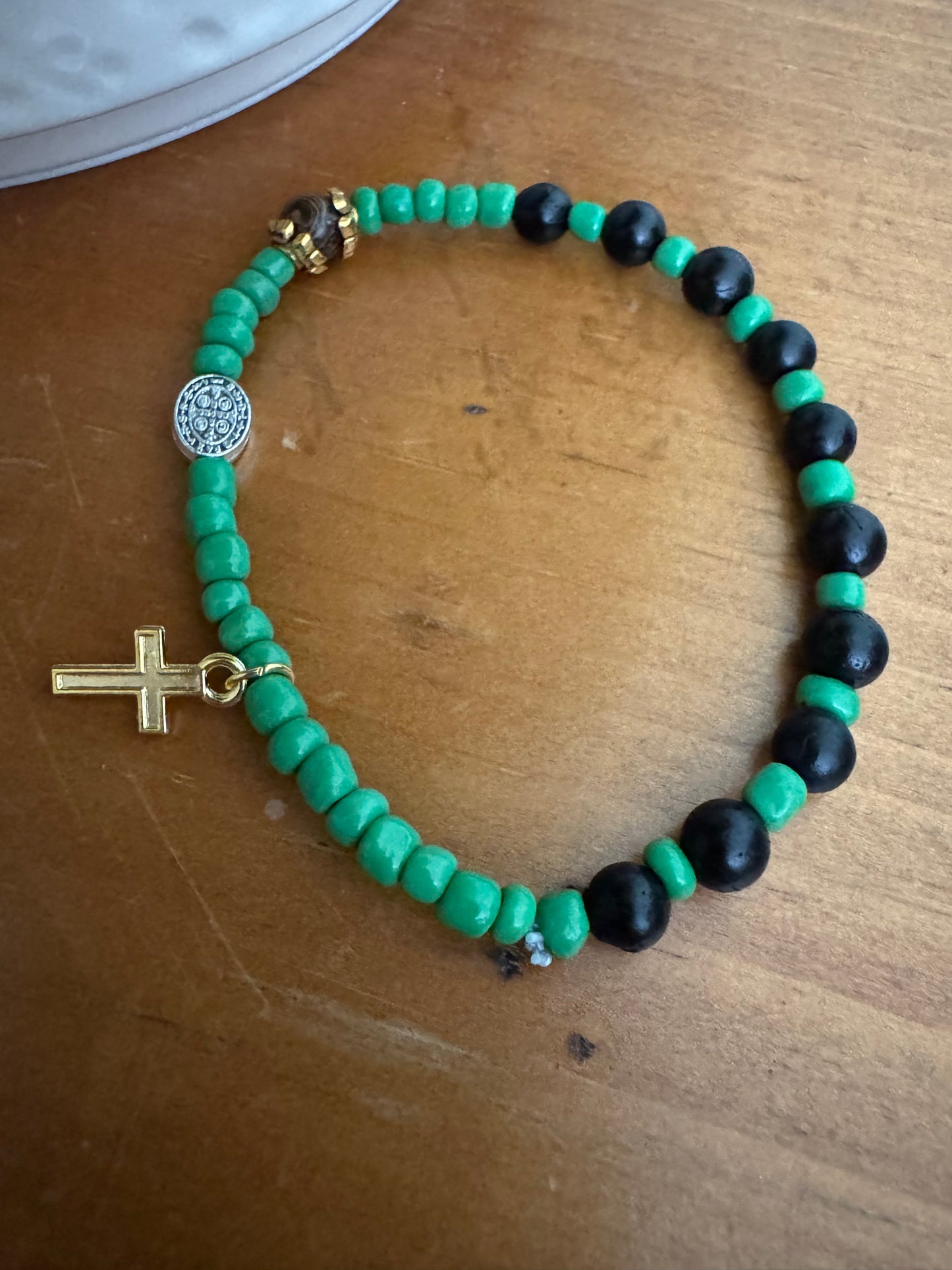 Handmade Black Wood Rosary Bracelet with Green Spacers & St. Benedict Medal
