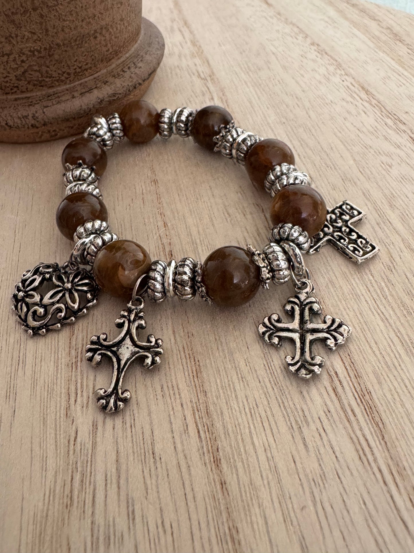 Stretch Charm Bracelet – Orange Amber-Color 10mm Beads – Silver-Tone Cross & Heart