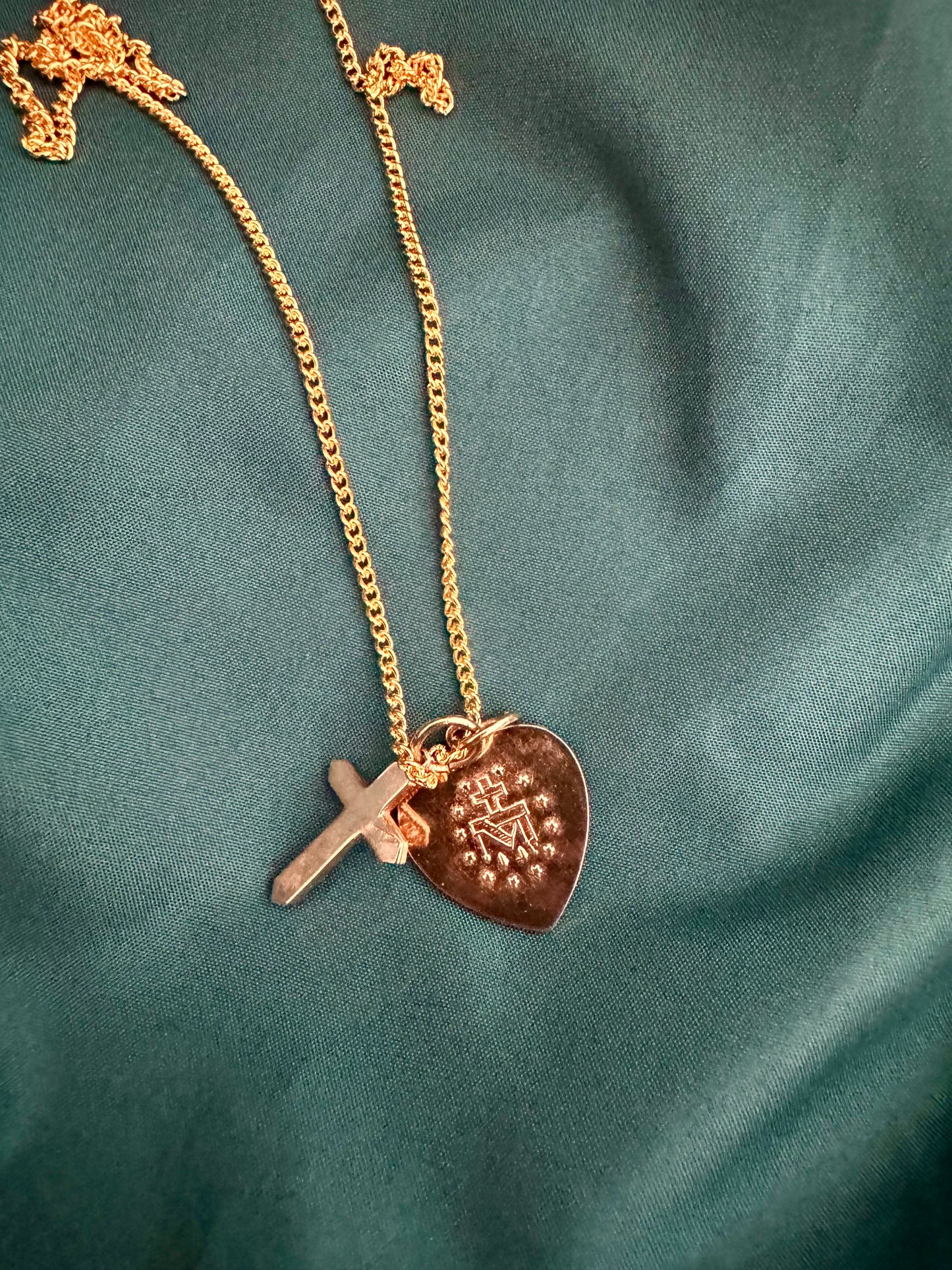 Gold and Blue Heart-Shaped Miraculous Medal Necklace with Rhinestone Cross