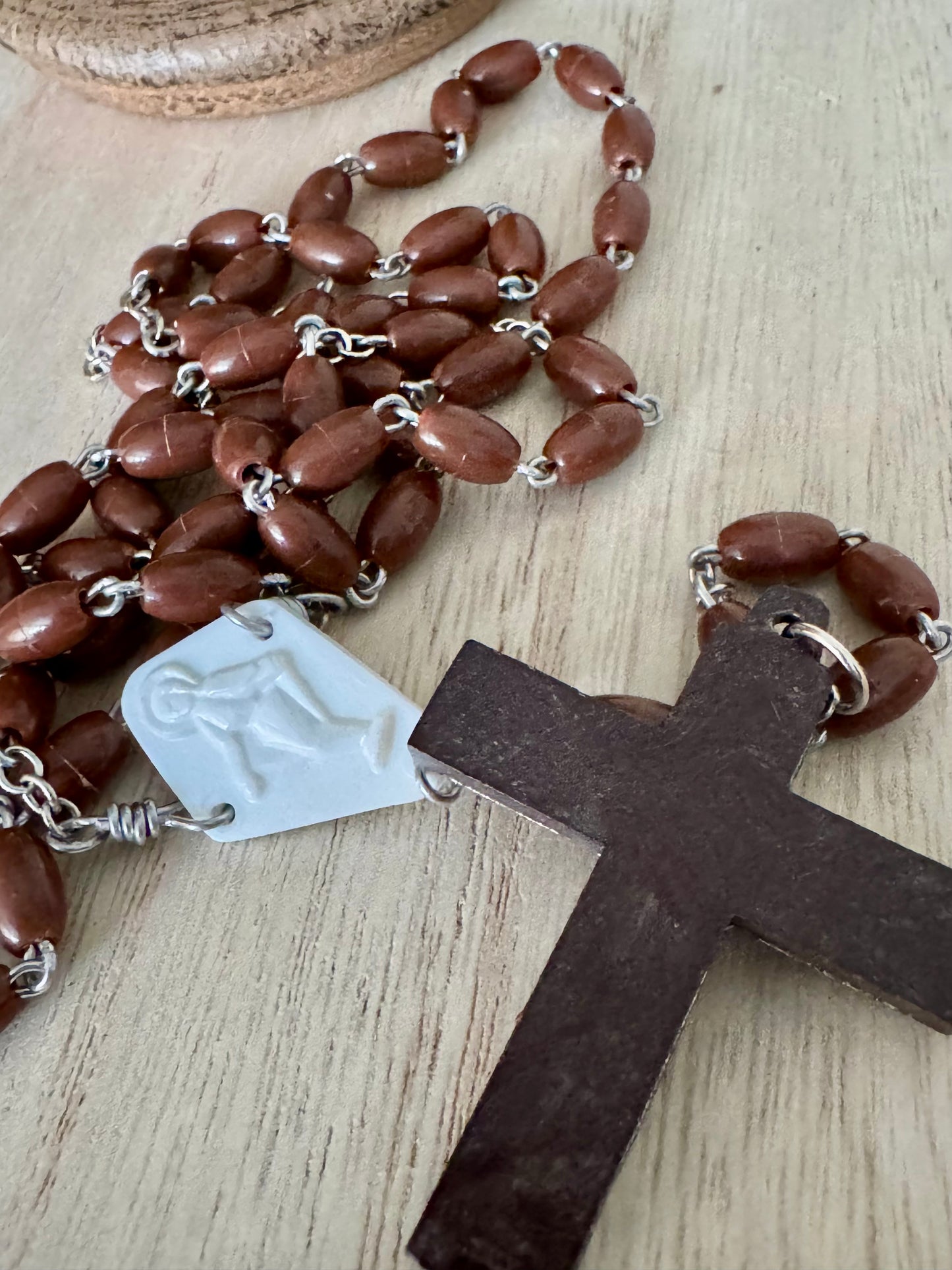 Brown Plastic Rosary with Fernand Py Crucifix – 22 Inches