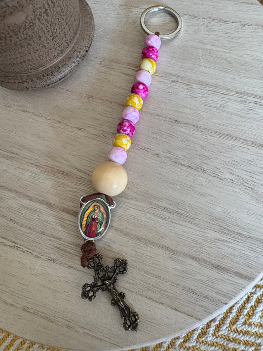 Pink and Yellow Rosary Keychain with Our Lady of Guadalupe and Bronze Cross