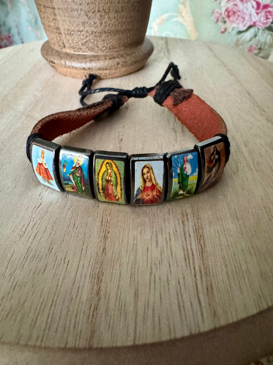 Adjustable Holy Image Bracelet on Leather & Braided Rope