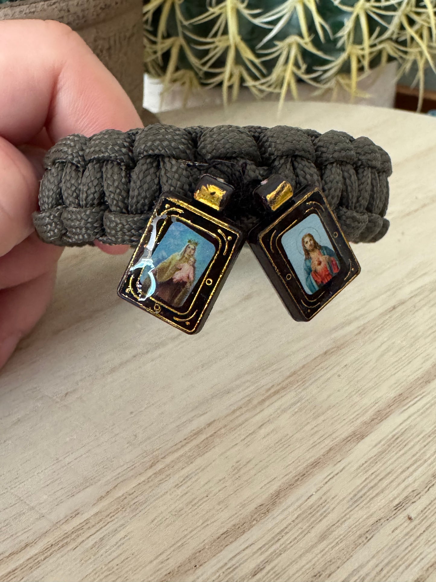 Handmade Dark Green Paracord Bracelet with Sacred Heart & Mother Mary Medals – 9"