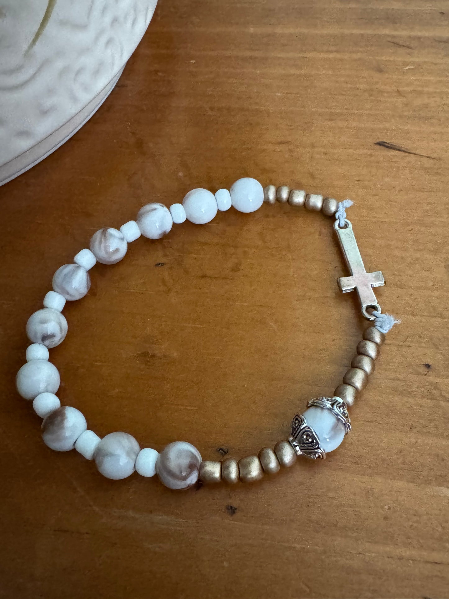 Handmade White Acrylic Rosary Bracelet with Gold Spacers & Silver Cross