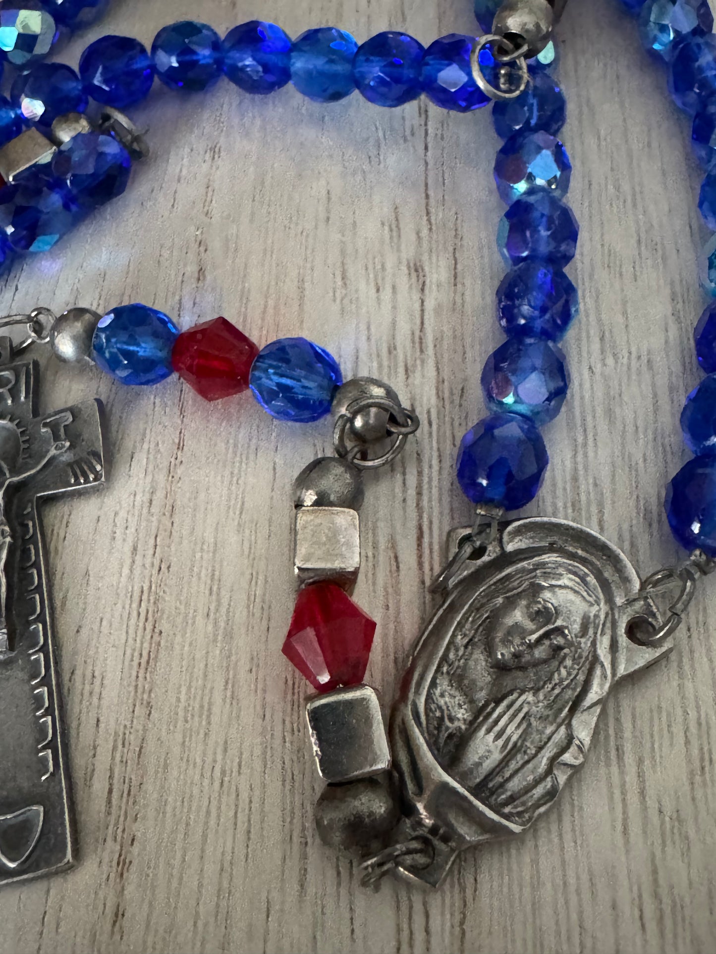 Handmade Metal Core Rosary with Blue Crystal-Like Beads and Vintage Crucifix – AS IS
