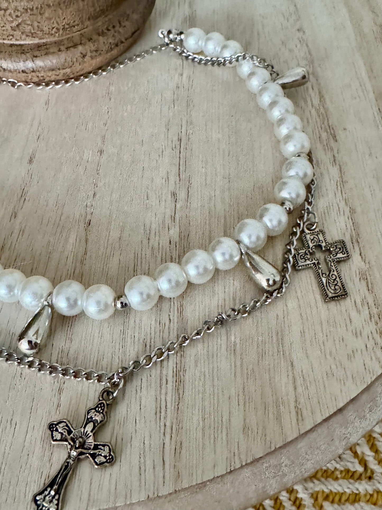 Faux White Bead Necklace with Silver Cross Charms – Adjustable Youth & Kids Necklace