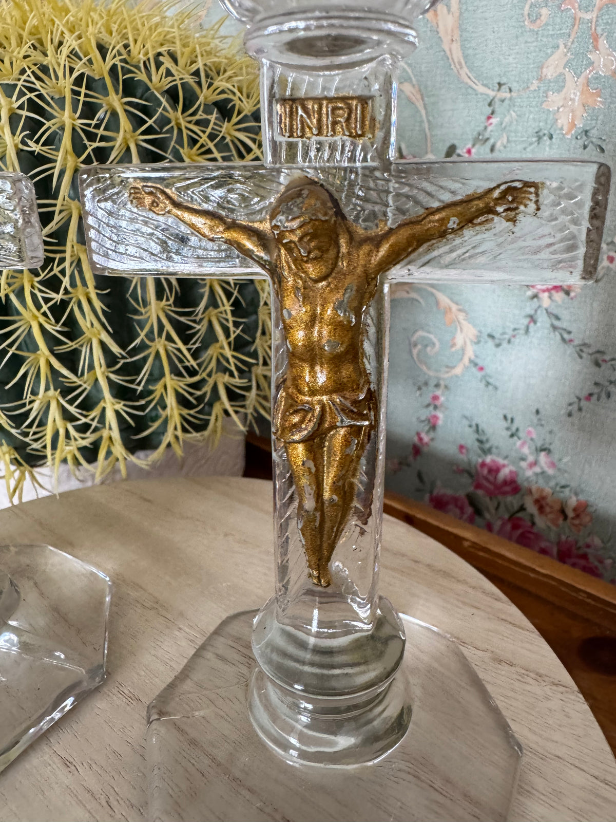 Vintage Glass Crucifixion Candlesticks, Pair, 7.25"