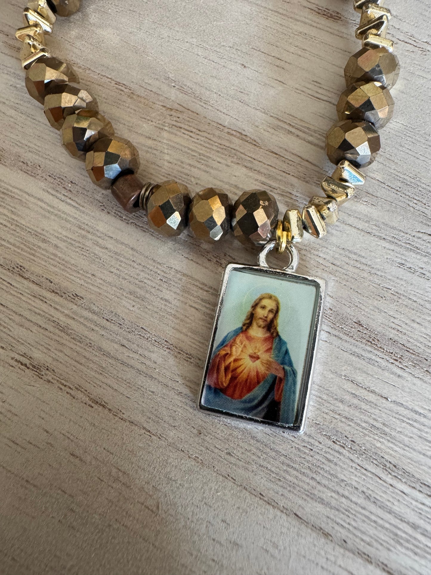 Gold Sparkly Bead Bracelet with Sacred Heart of Jesus Charm