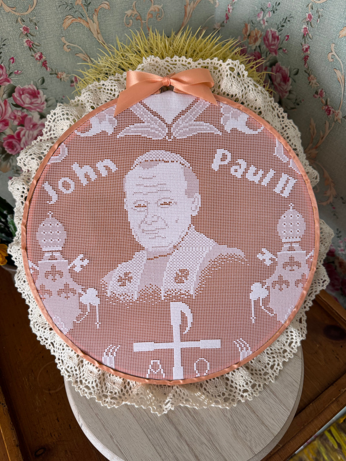 Vintage Handmade Pope John Paul II Needlepoint, Pink & Lace, 13"