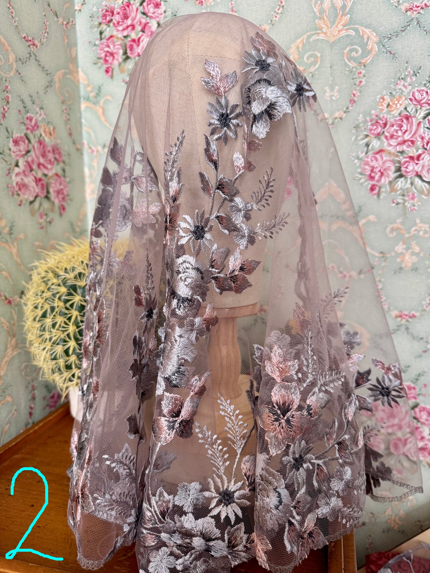 Mary’s Garden Mantilla • Limited Edition • Beautiful Blue & Pink Floral Embroidery • With Clips