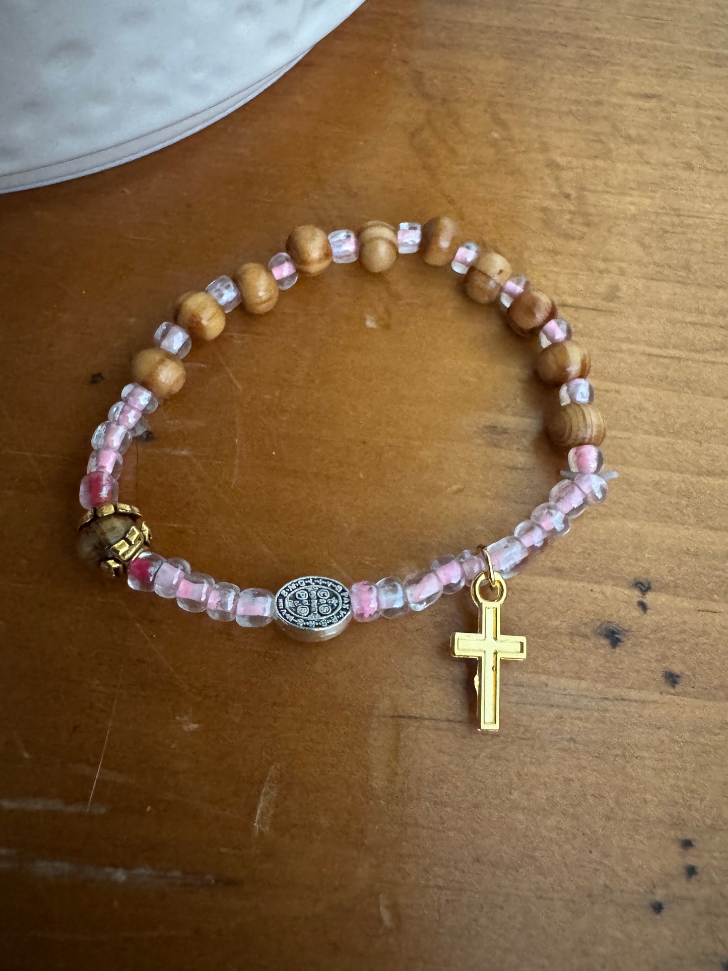 Handmade Light Wood Rosary Bracelet with Pink Spacers & Gold Cross