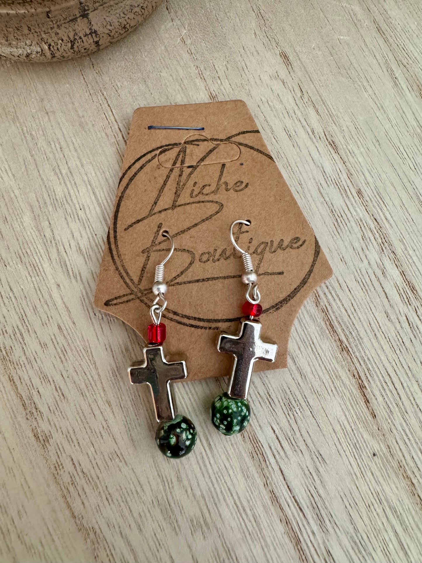 Handmade Silver Cross Dangle Earrings with Colorful Accents