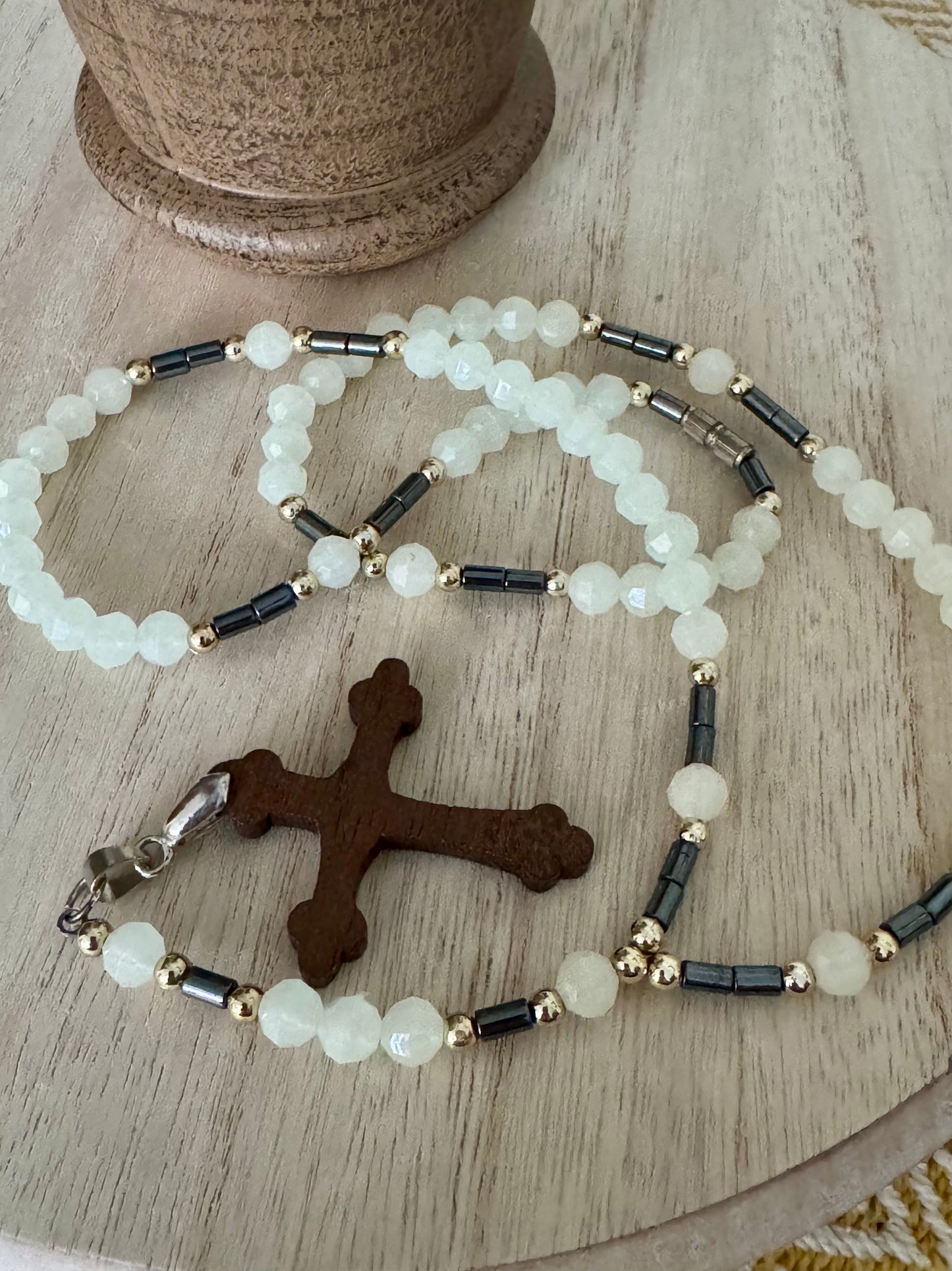 Handmade Plastic and Metallic Rosary with Wooden Cross