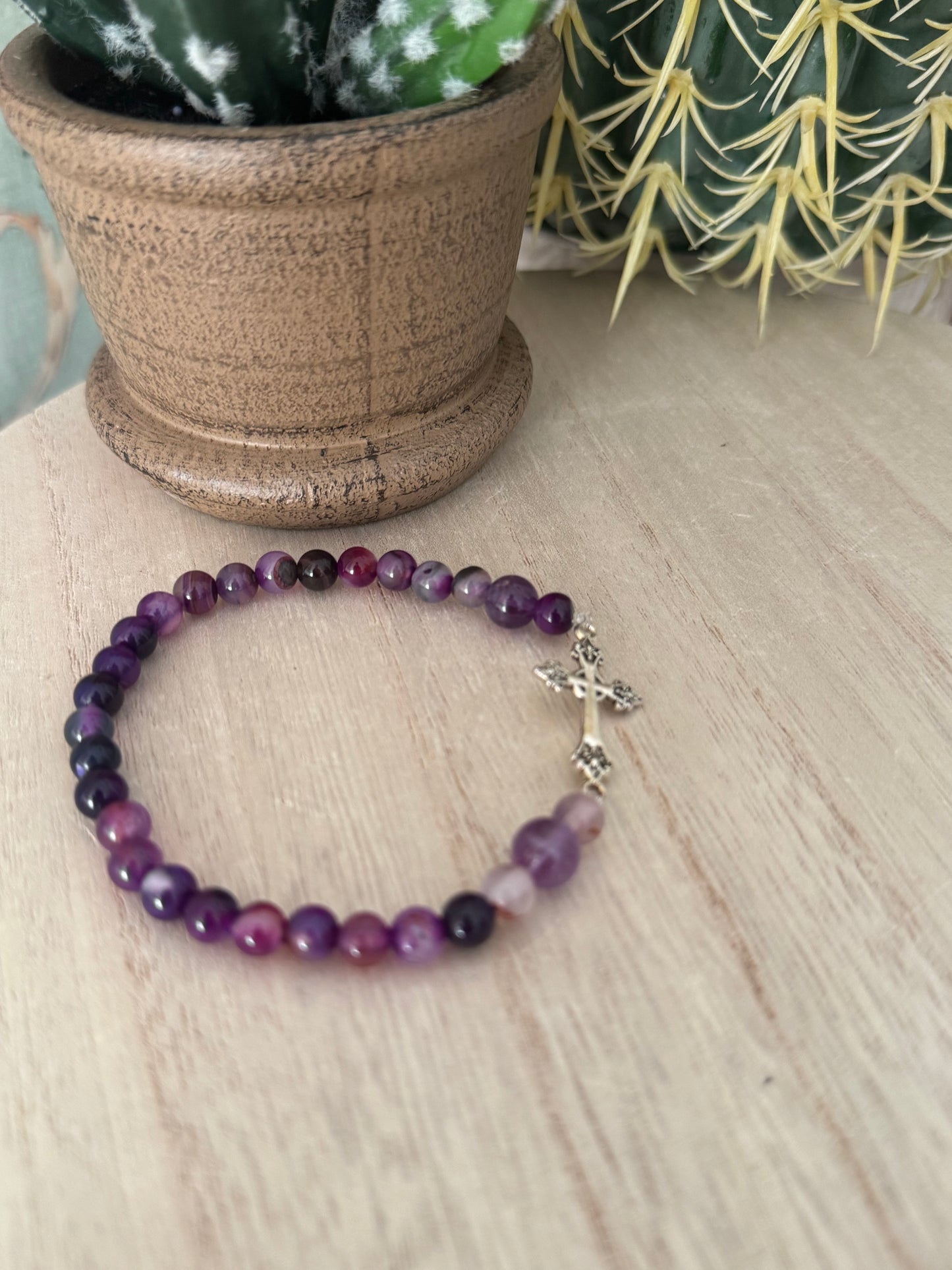 Purple Beaded Stretch Bracelet with Silver Cross – 8 Inches