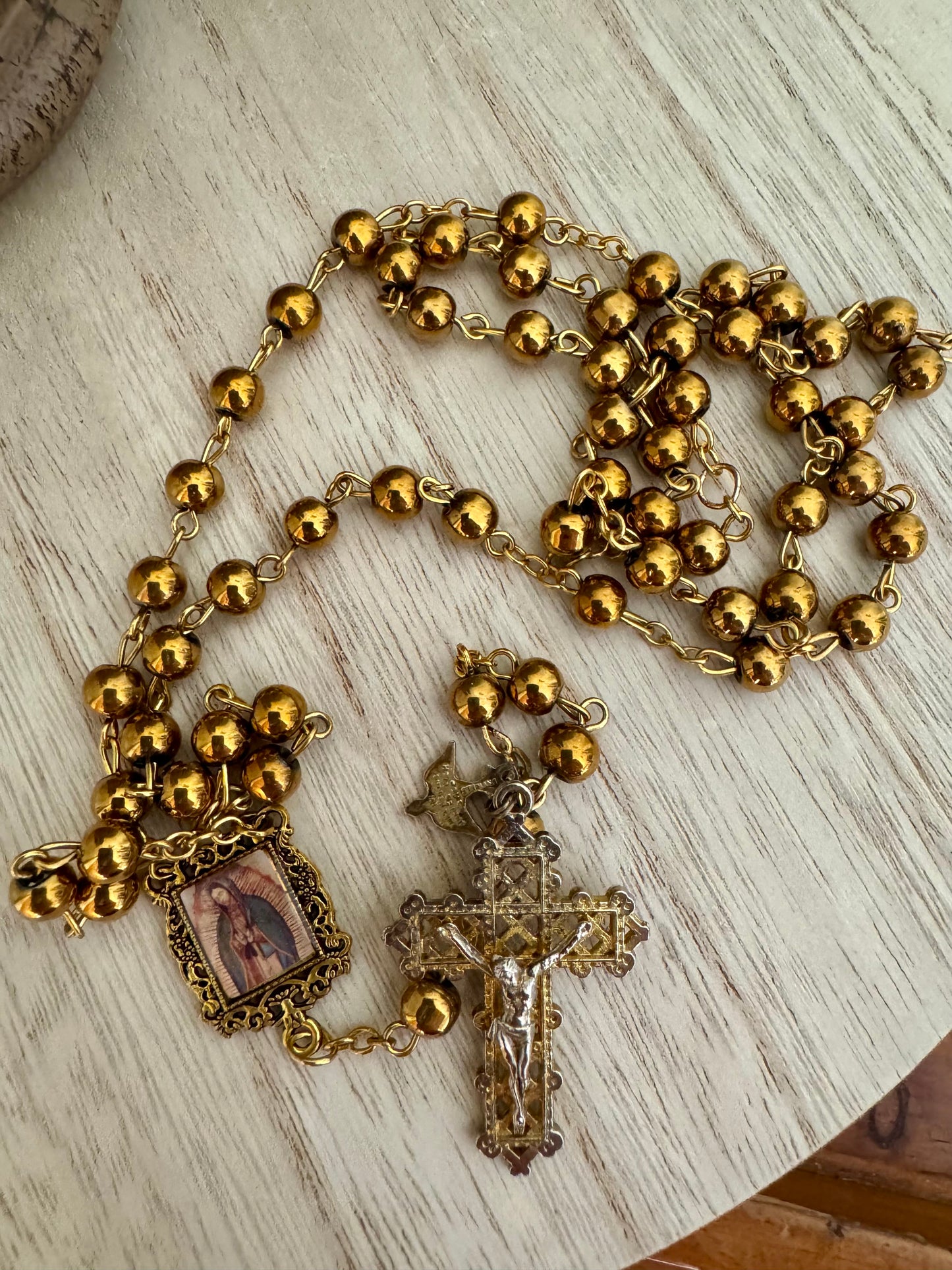Gold-Colored Rosary – Our Lady of Guadalupe Centerpiece – 20"