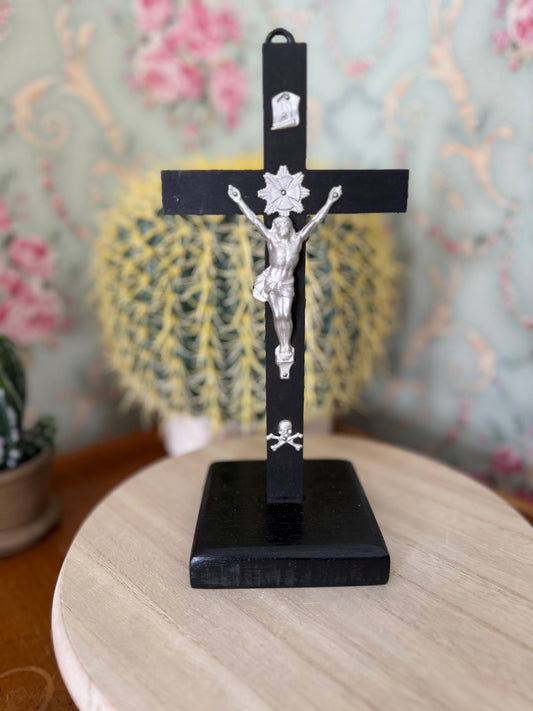 Vintage Black Wooden Memento Mori Crucifix, Freestanding or Wall Hanging, 9.5"