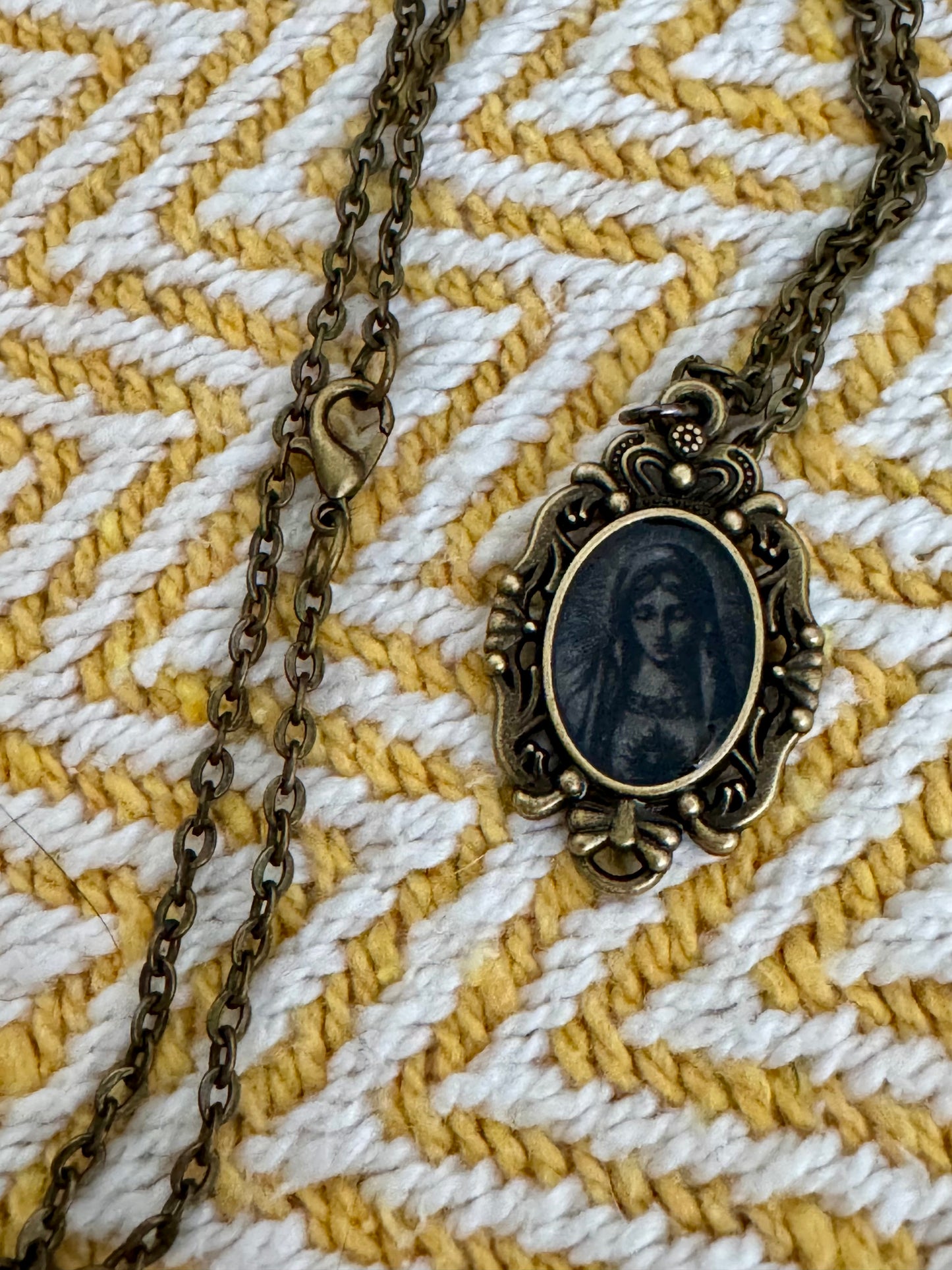 20” Vintage-Style Bronze Catholic Sacred Image Mother Mary Necklace Small Pendant