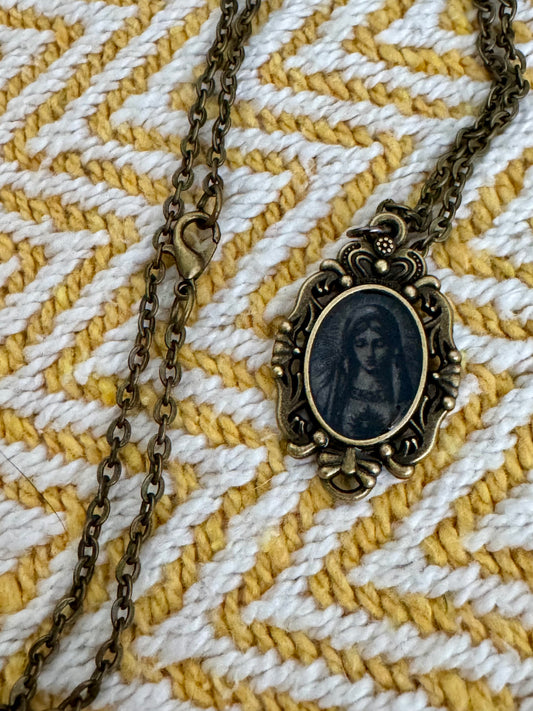 20” Vintage-Style Bronze Catholic Sacred Image Mother Mary Necklace Small Pendant