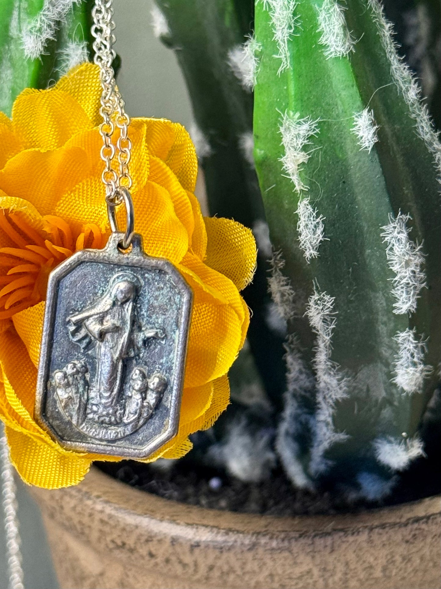Silver pendant on a yellow flower with a cactus in the background