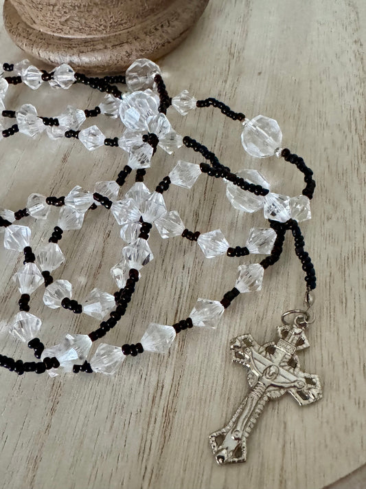 Handmade Black Seed Bead and Clear Crystal Rosary with Silver Accents