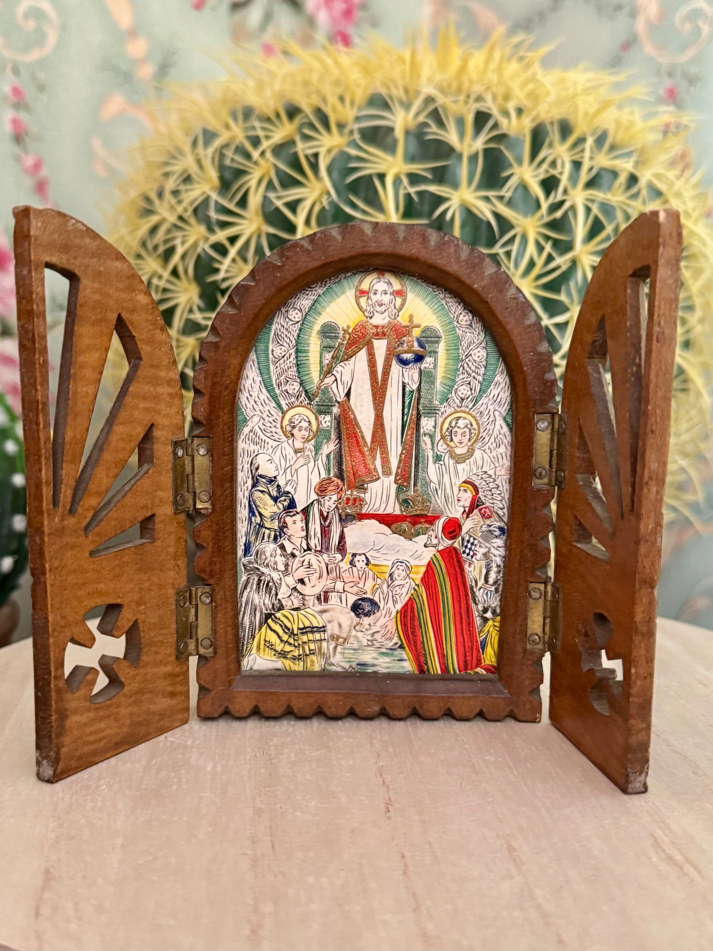 Vintage Fold-Out Religious Frame | Jesus Holding the World | Symbol of Worldwide Faith | 1930s–1950s