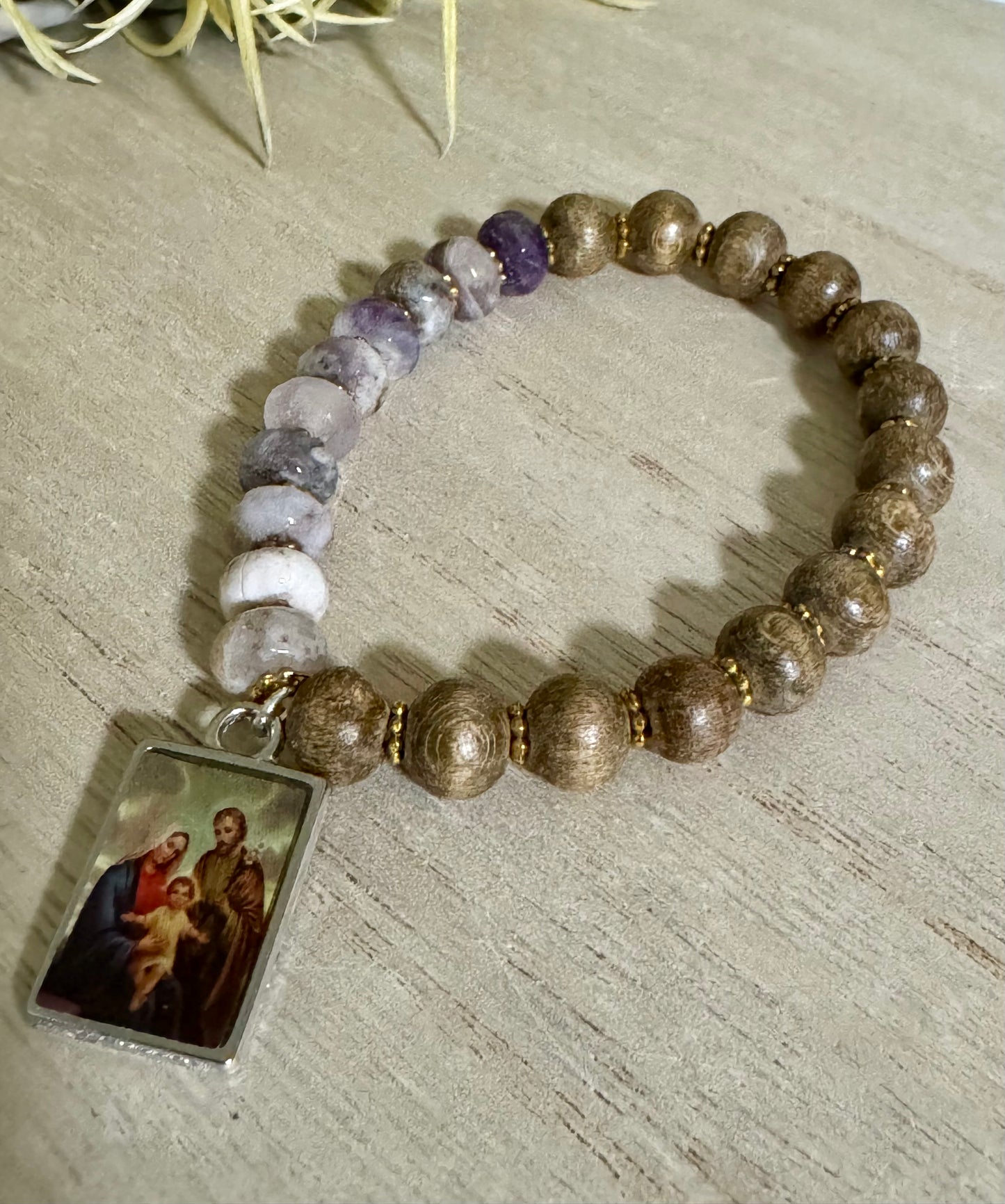 Purple & Wood Holy Family Bracelet