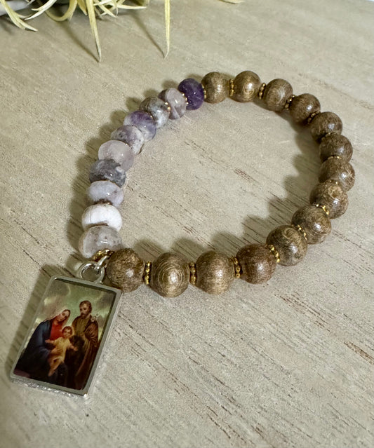 Purple & Wood Holy Family Bracelet