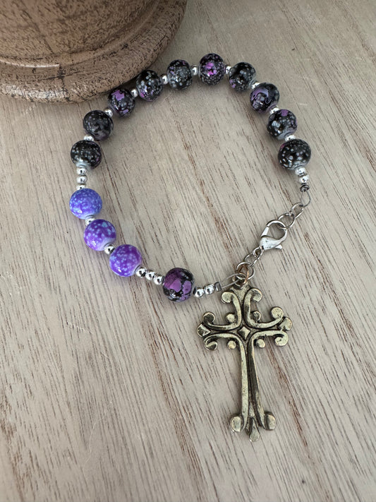Handmade Purple Beaded Rosary Bracelet with Gold Cross – 7.5 Inches