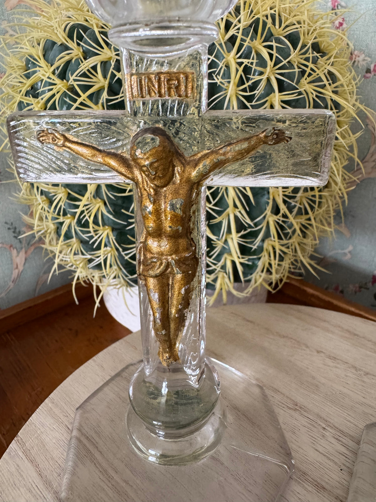 Vintage Glass Crucifixion Candlesticks, Pair, 7.25"