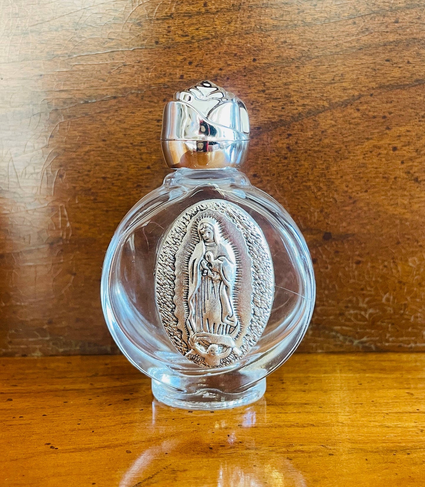 Our Lady of Guadalupe Holy Water Bottle with Rose Top – 2.5″ x 1.75″ Glass