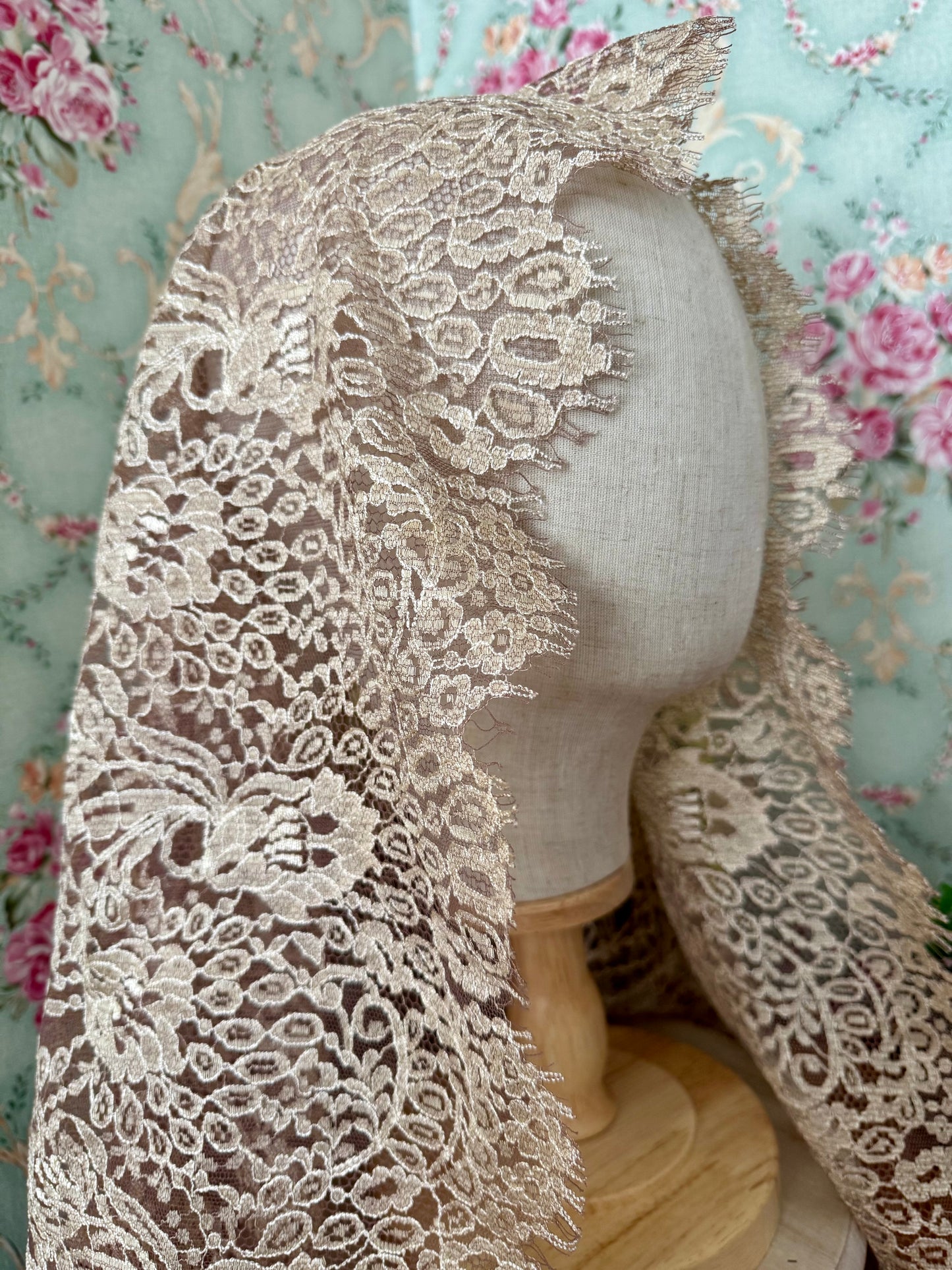 Natural Infinity Veil or Mantilla • Italian Floral Mesh Lace • Lightweight • No Clip