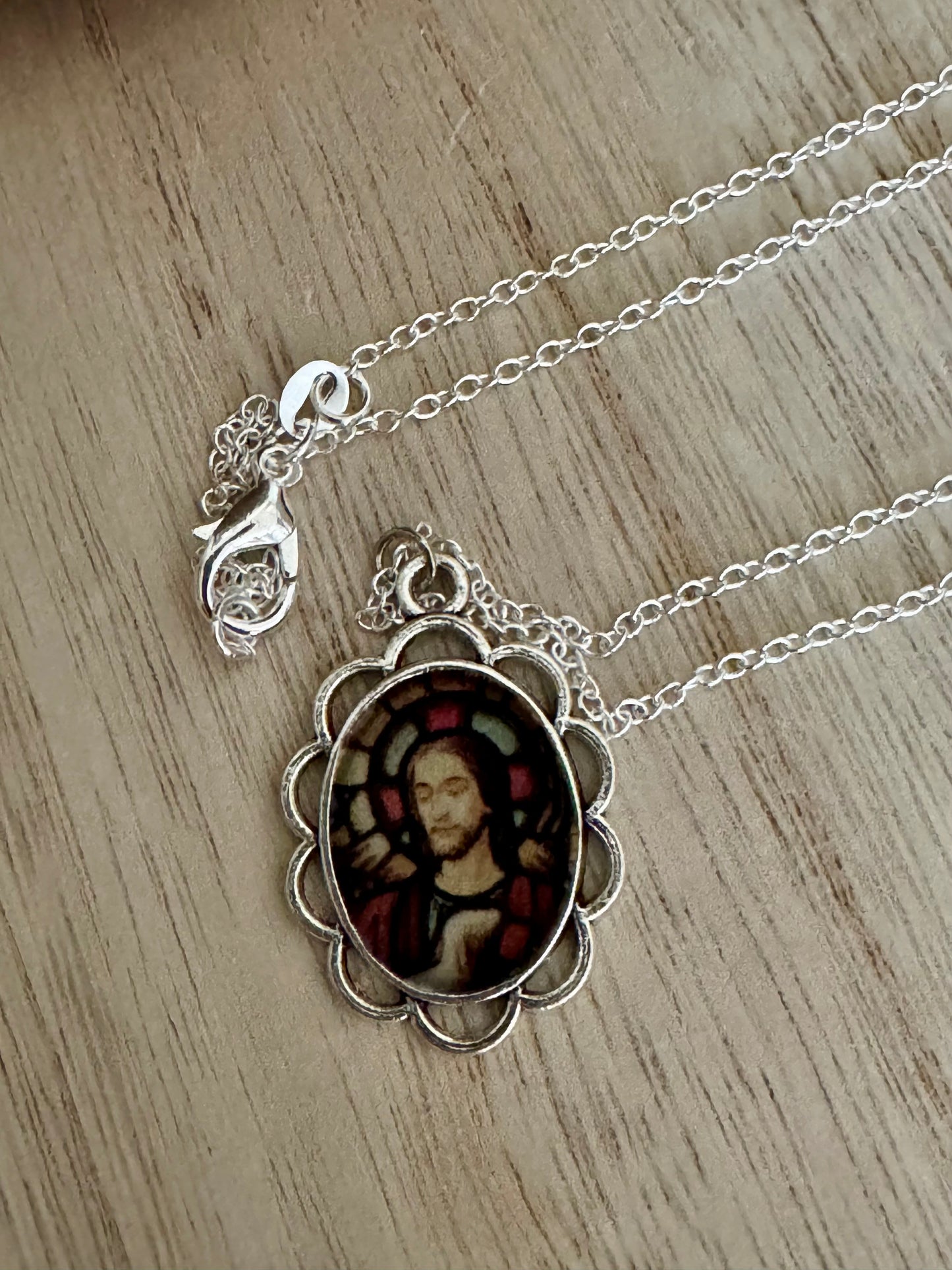 20” Vintage-Style Silver Catholic Sacred Image Jesus Necklace