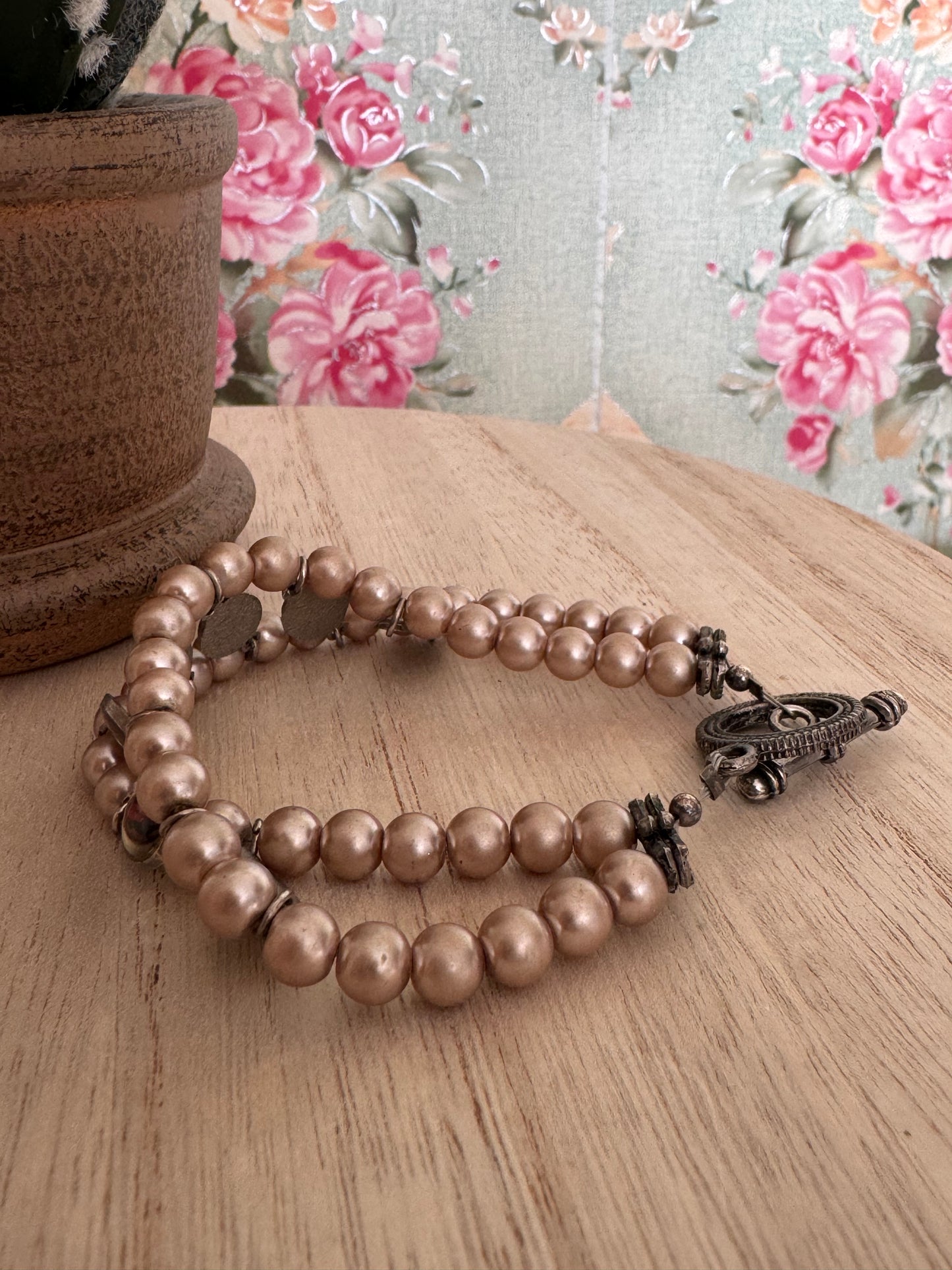 Vintage Handmade Charm Bracelet – Faux Pink Pearl Beads – Catholic Saints & Marian Devotions