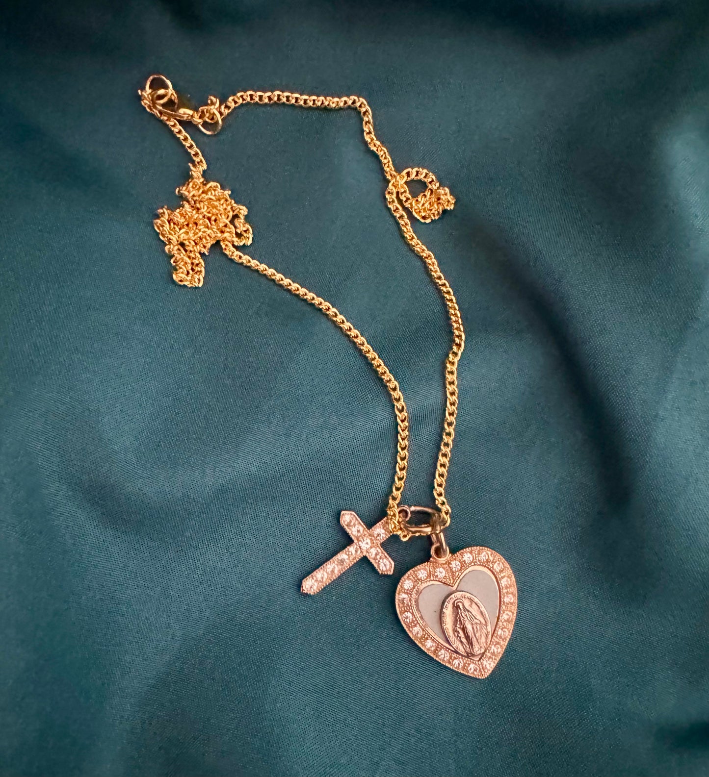 Gold and Blue Heart-Shaped Miraculous Medal Necklace with Rhinestone Cross