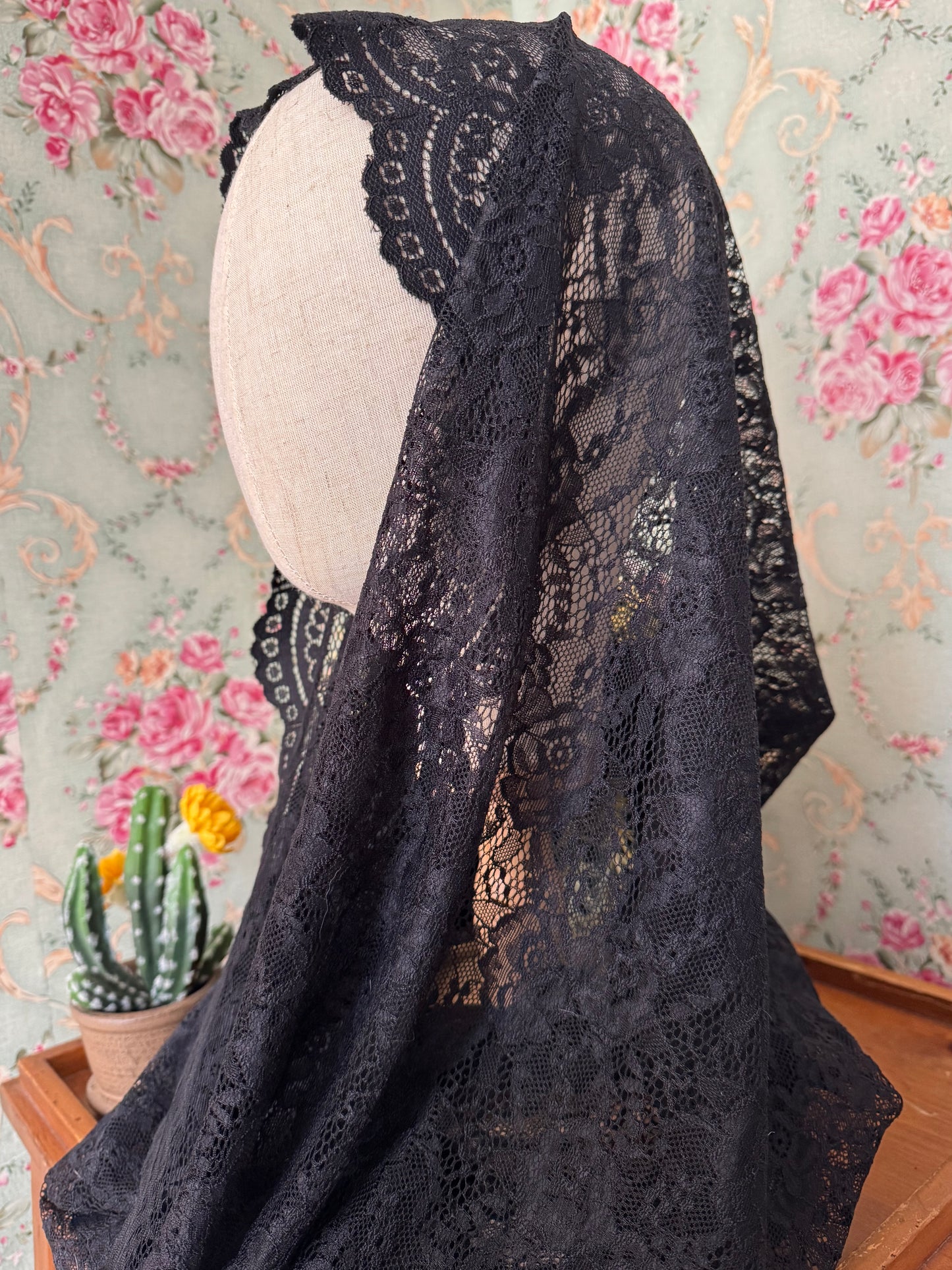Black Lace Infinity Chapel Veil – 28" x 23" | Handmade | Soft & Lightweight