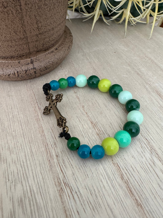 Small Green & Blue Beaded Bracelet with Bronze Cross