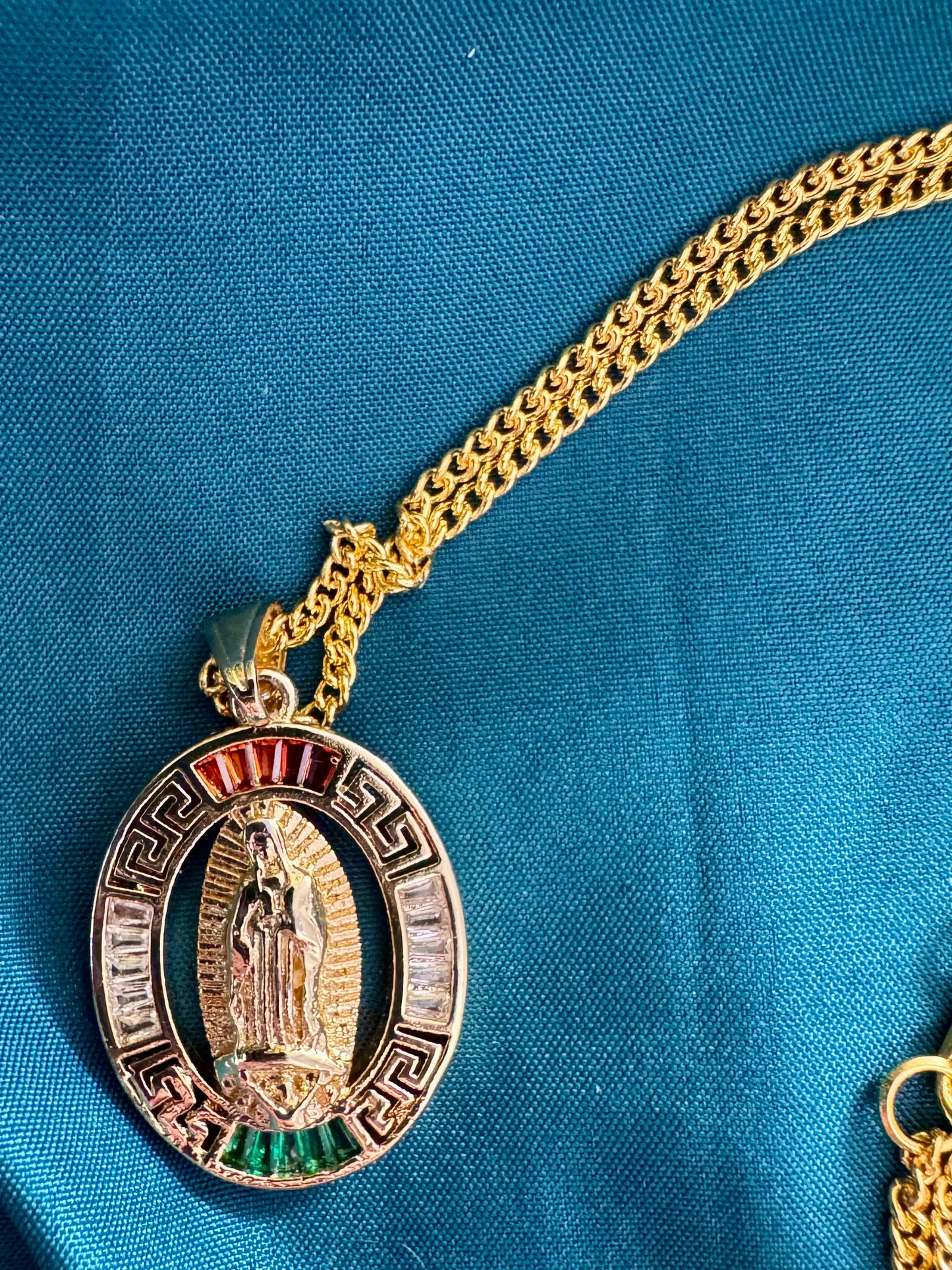 Our Lady of Guadalupe Necklace – Gold-Colored Metal with Red, White, and Green Accents