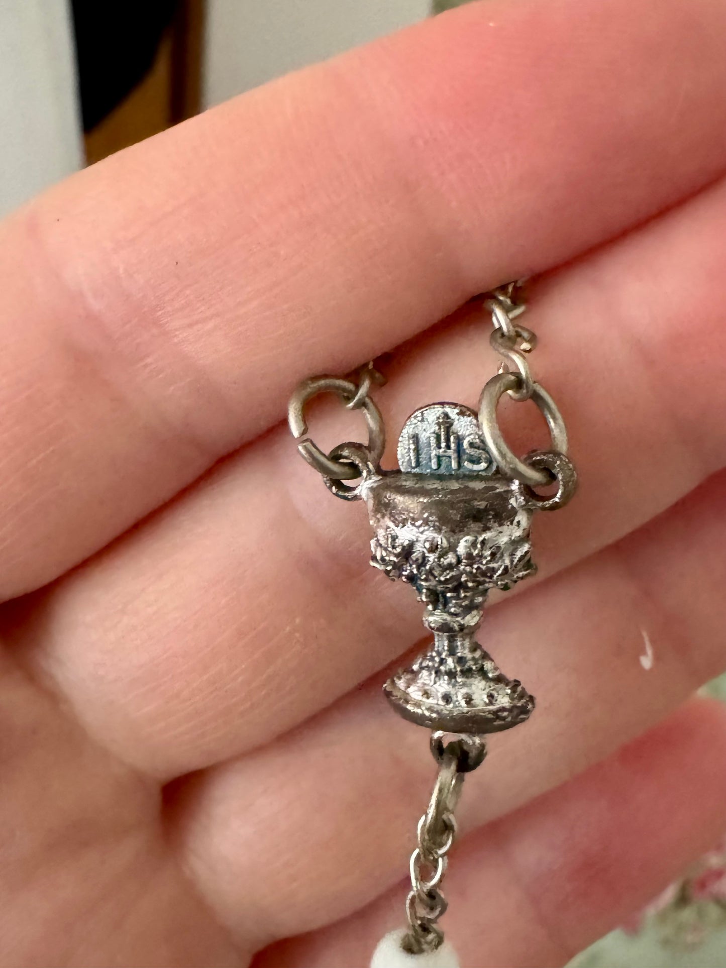 Shortened Rosary, Five Hail Mary Beads, with Vintage Centerpiece and Crucifix