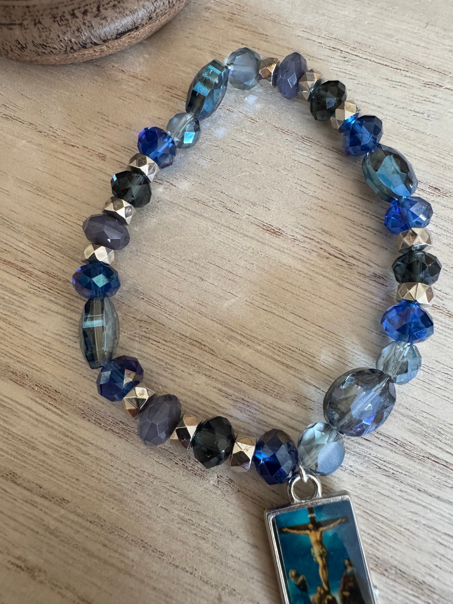 Blue & Silver Sparkly Crucifix Charm Bracelet