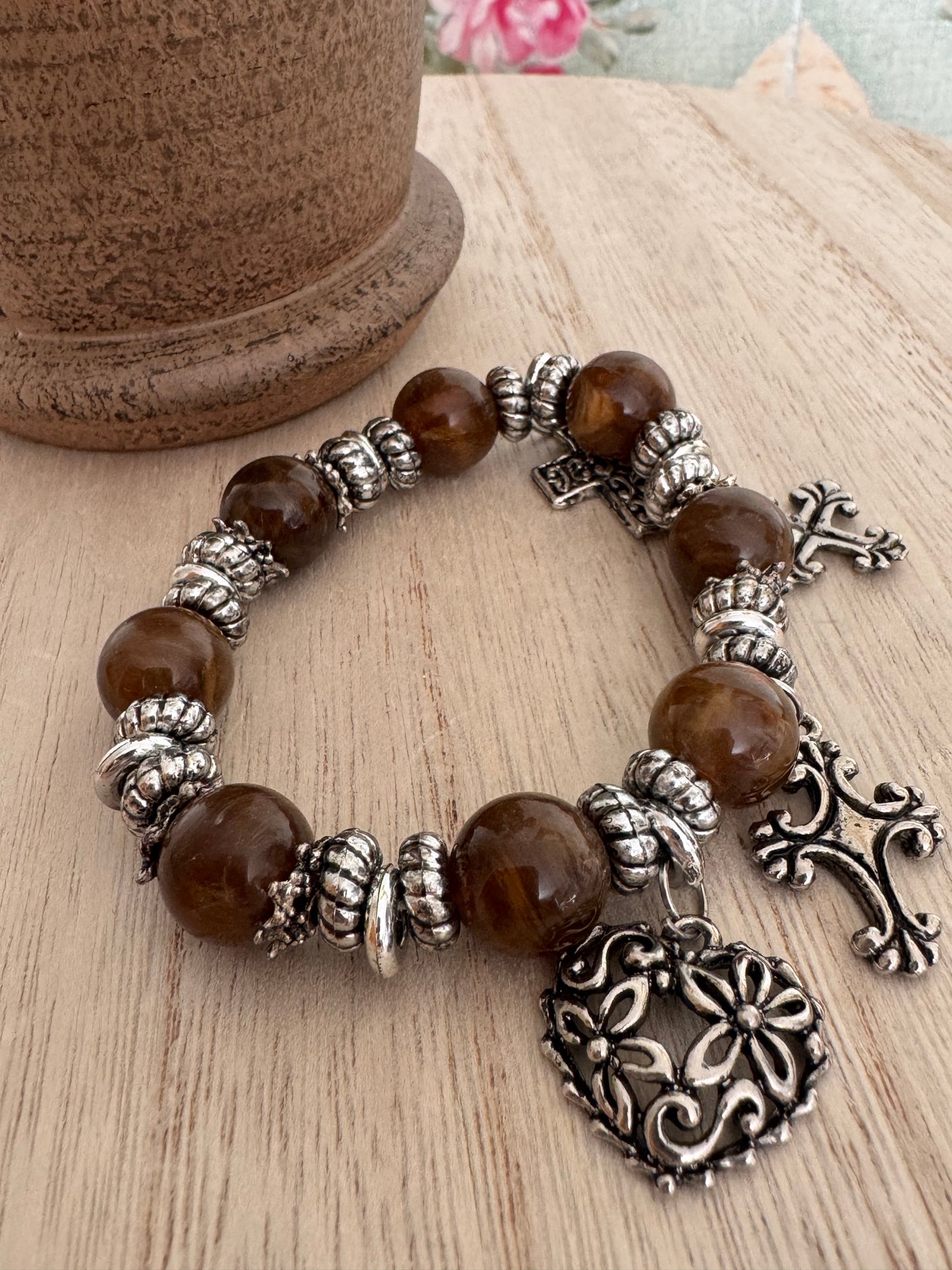 Stretch Charm Bracelet – Orange Amber-Color 10mm Beads – Silver-Tone Cross & Heart