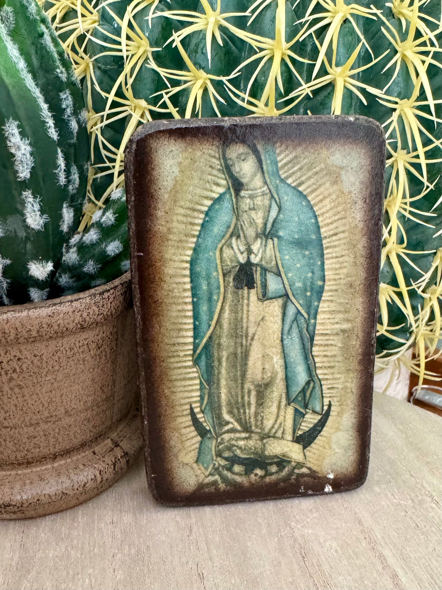 Vintage Our Lady of Guadalupe Icon on Wood 4x2.5